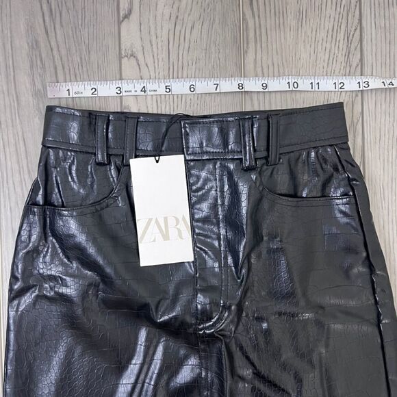 Zara Women Size XS Black Faux Leather Croc Embossed Slit Pencil Midi NEW Skirt - Picture 11 of 12